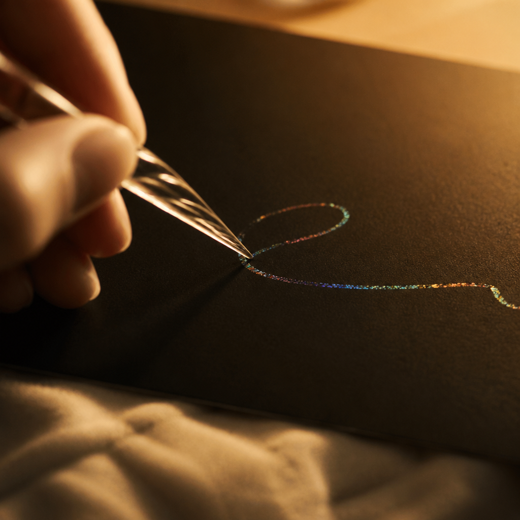 Macro of a glass crystal pen drawing an iridescent rainbow line through a matte black scratch-art canvas in warm bedside lamp glow