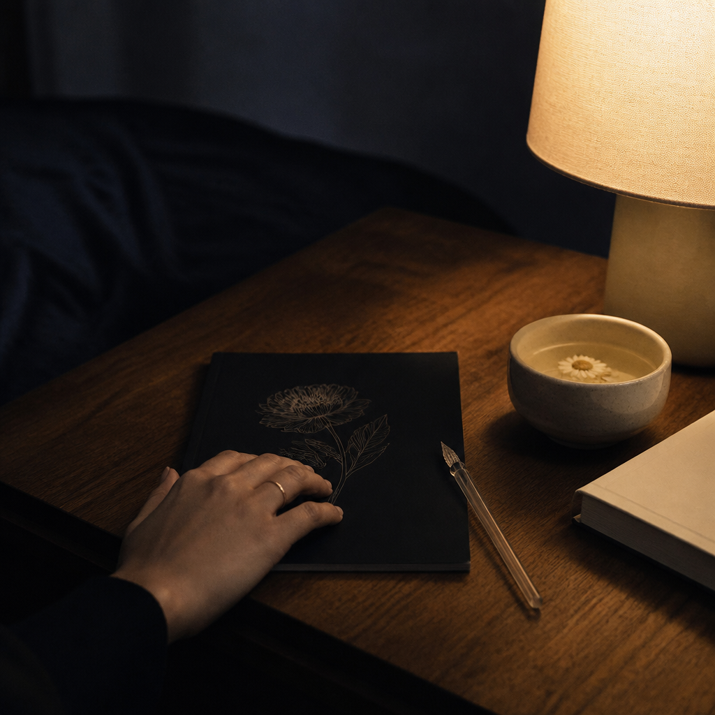 A single hand resting at the edge of a closed black scratch-art canvas on a warm walnut bedside table at dusk, with a glass pen, folded book, and a cup of chamomile tea in dim warm lamp light