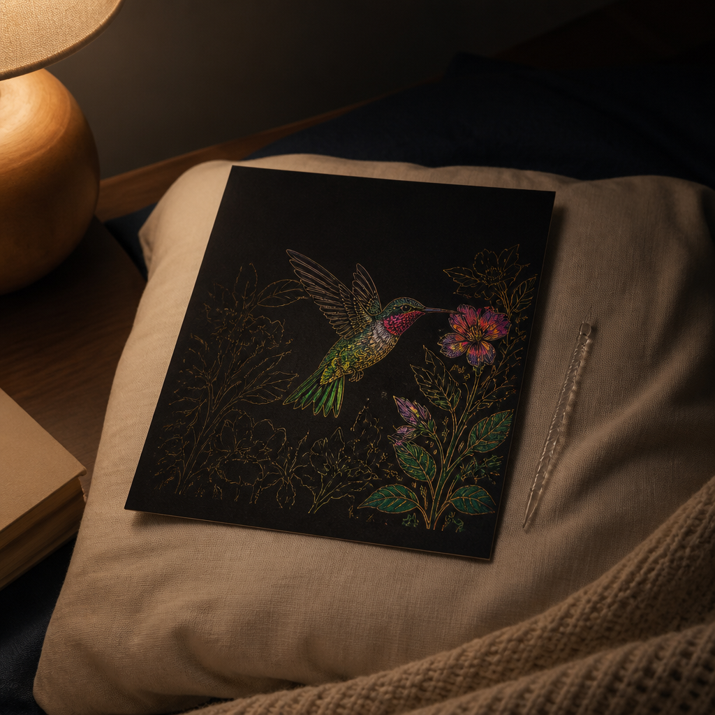 A black scratch-art canvas of a hummingbird in progress — about a third complete, revealing iridescent emerald, hot pink, and gold underneath the matte black — resting on a folded linen pillow in warm bedside lamp light