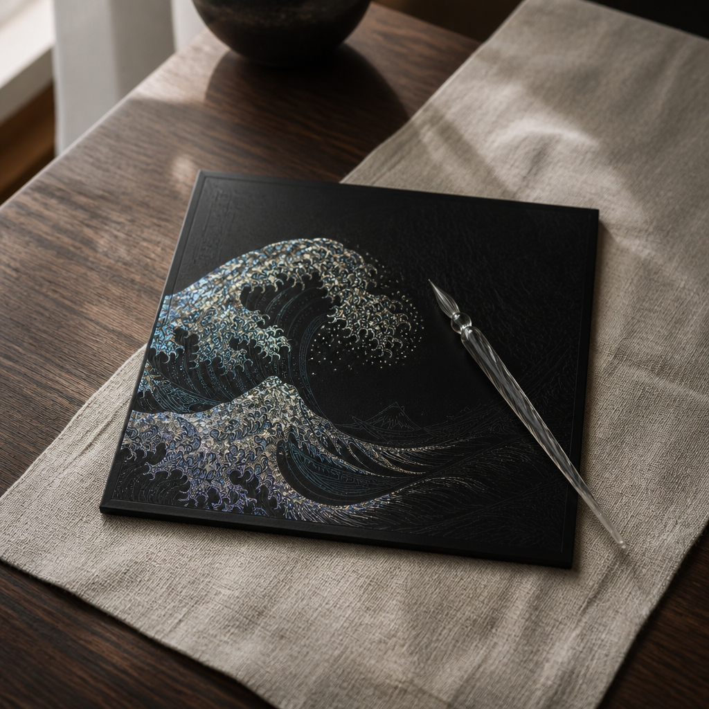 A black scratch-art canvas on a walnut tabletop, partially scratched to reveal a Japanese-woodblock-style cresting wave in iridescent blue and silver, with a glass pen resting across it