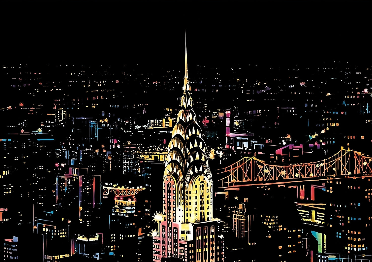Finished Midnight Cities canvas mounted in a black frame on a living-room wall, warm lamp light