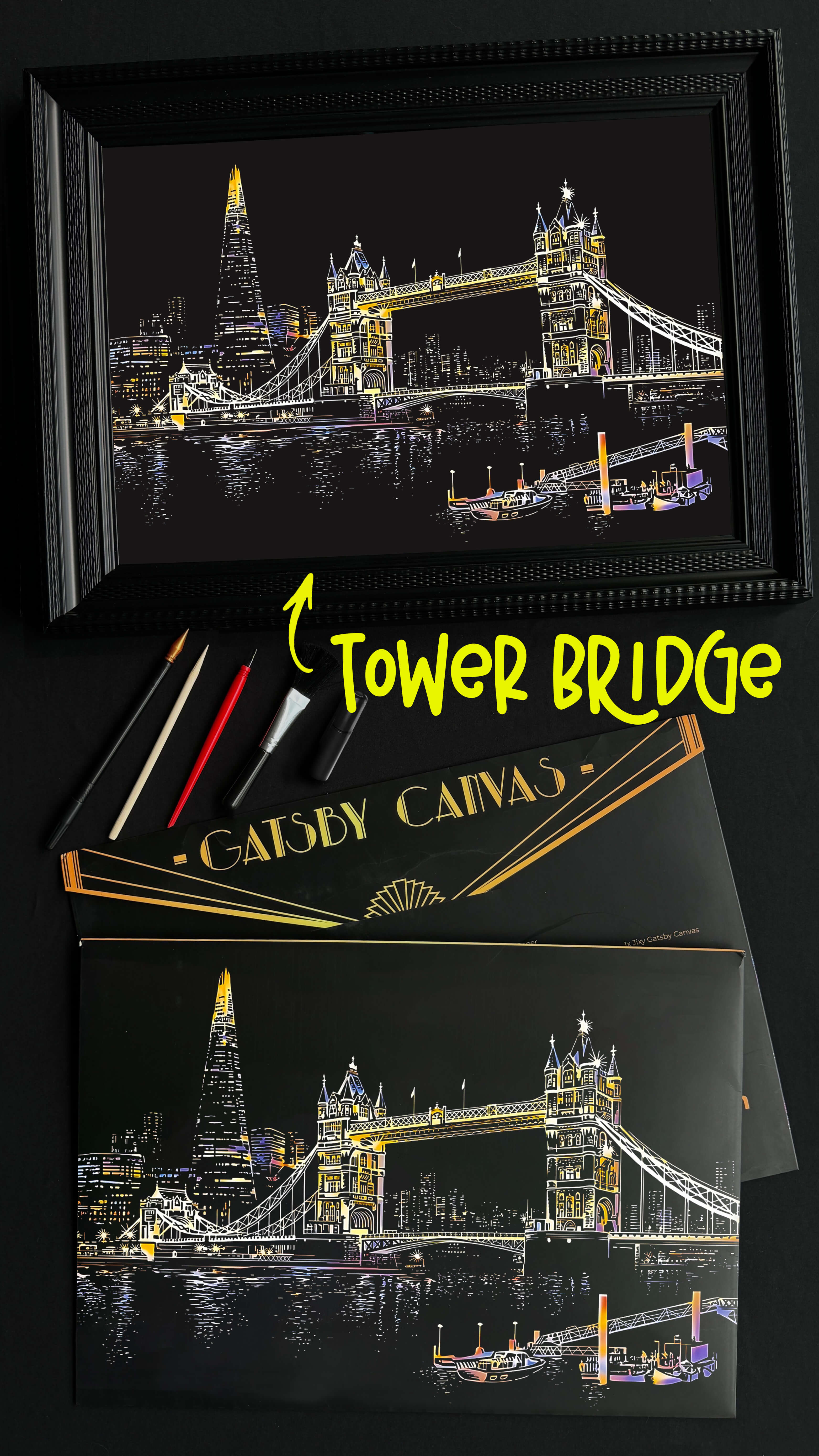 London Tower Bridge scratch-art canvas — the Thames at night, bridge fully lit