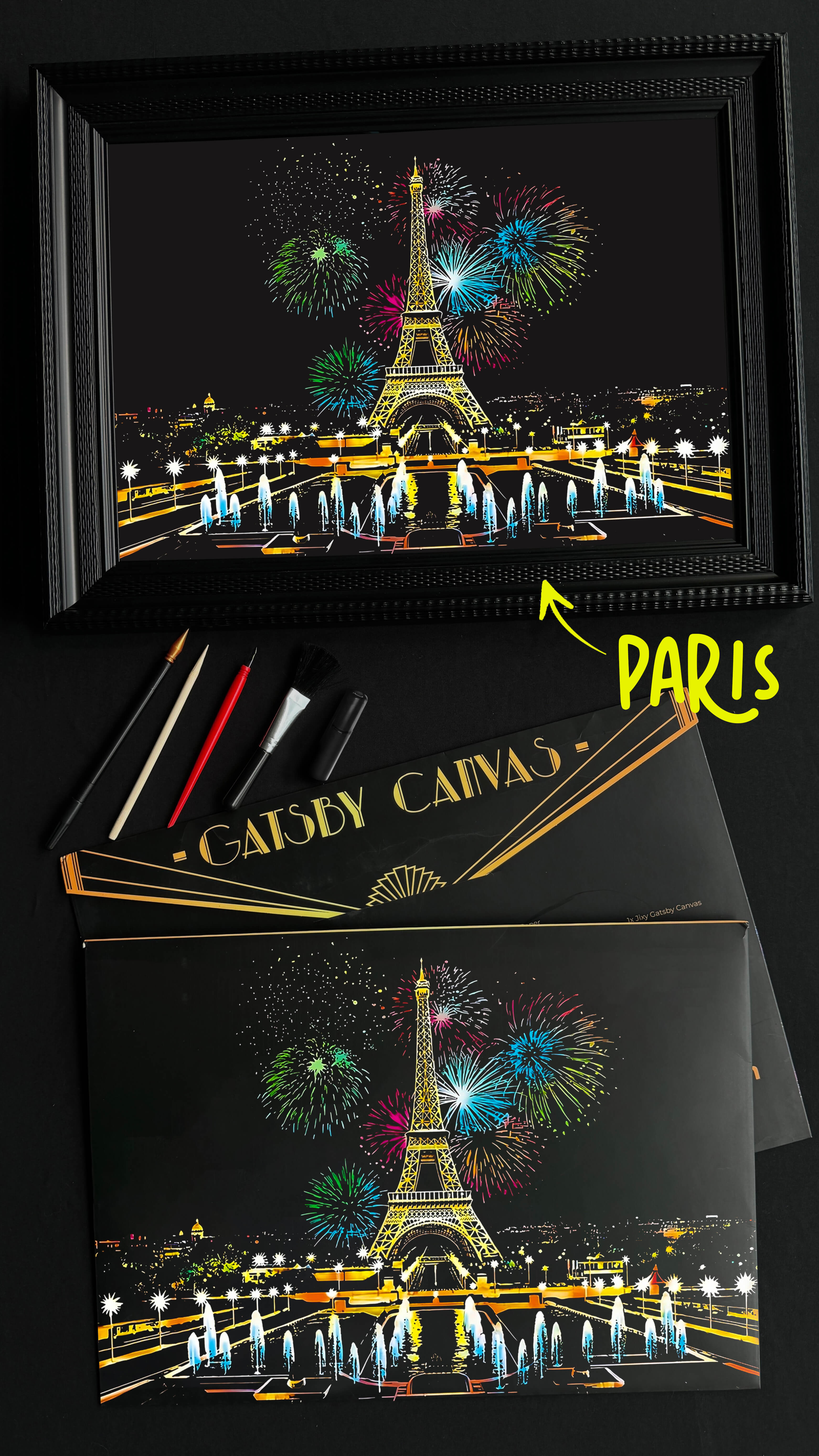 Paris skyline scratch-art canvas — Eiffel Tower at golden hour against deep black