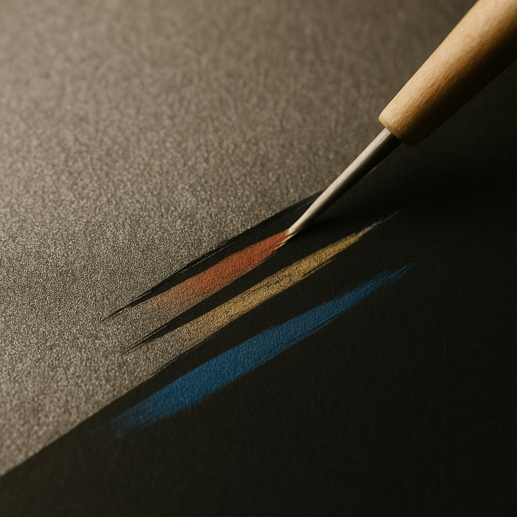 Macro detail of a partially-scratched canvas showing seven layers of revealed color under the silver linework