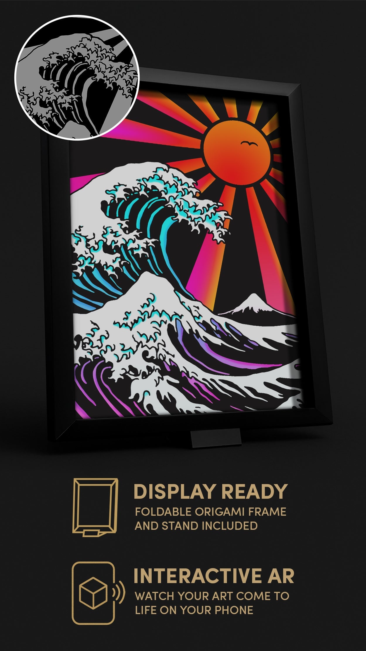 Great Wave Off Kanagawa — Tales of Japan scratch-art canvas, partially revealed to show Hokusai-blue waves and sunrise red
